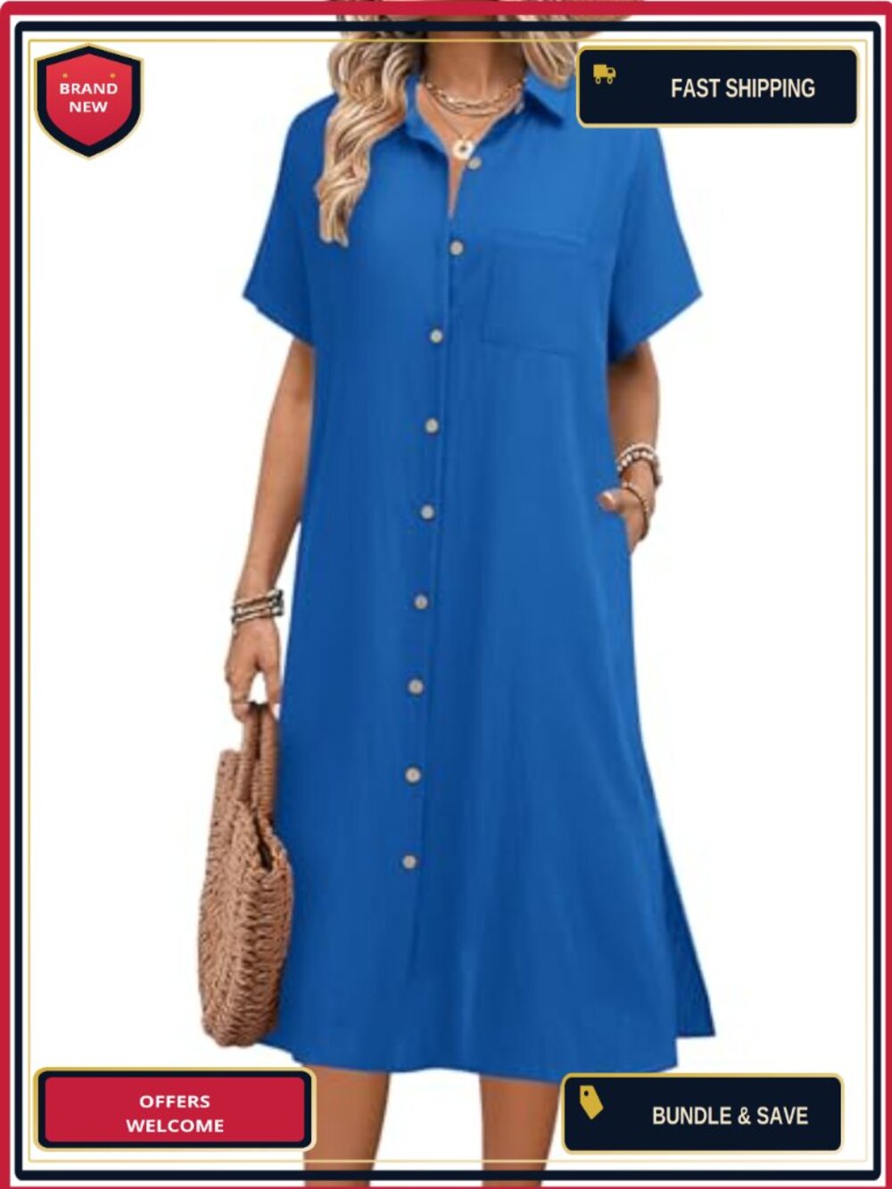 Casual Midi Shirt Dress with Pockets Short Sleeve V-Neck Button Down